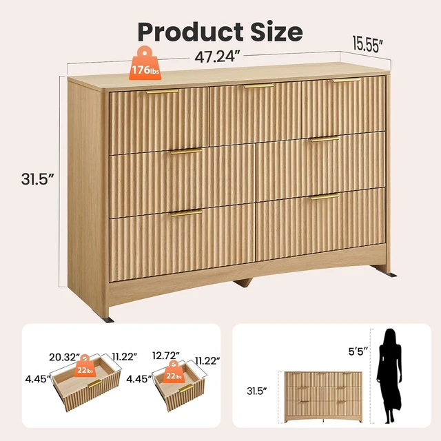 Alt view image 2 of 7 - Pipishell Fluted 7 Drawer Dresser, Modern Wood Chest of Drawer, Natural Oak