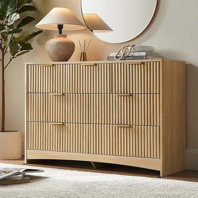 Main image of Pipishell Fluted 7 Drawer Dresser, Modern Wood Chest of Drawer, Natural Oak