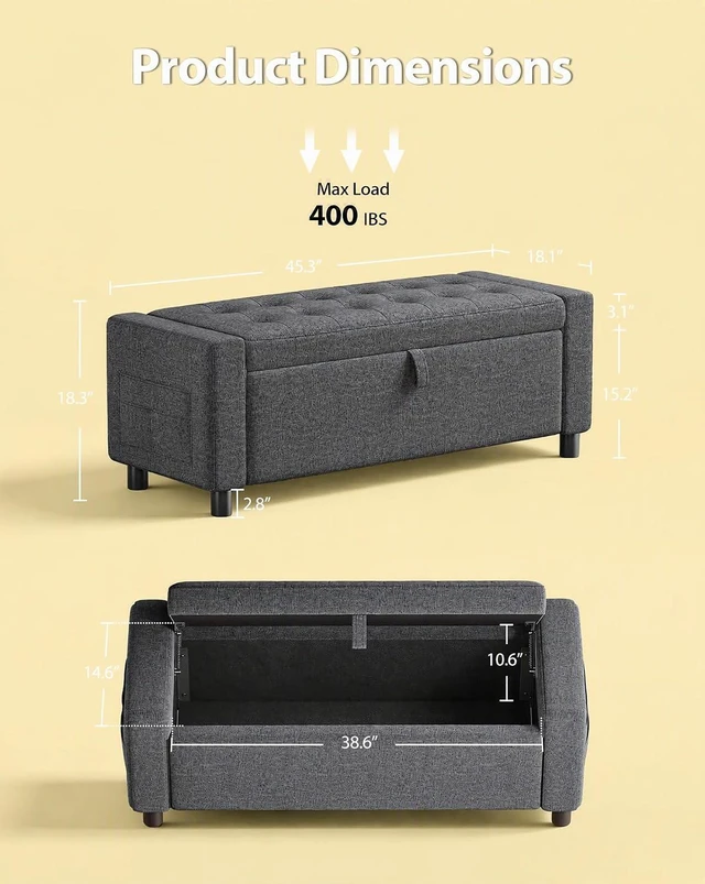 Alt view image 2 of 7 - Amada 46" Storage Ottoman Bench w/Side Pocket & Safety Hinge, Dark Gray
