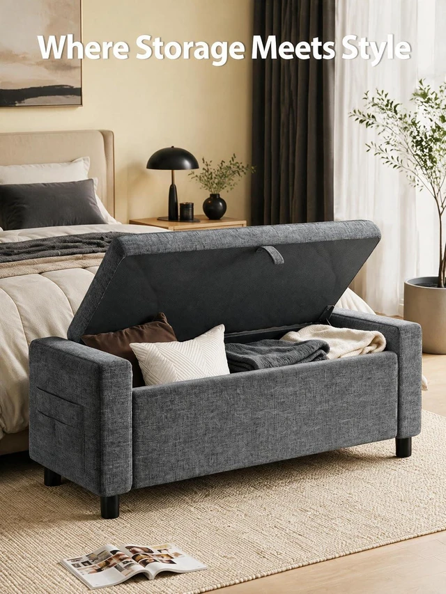 Alt view image 3 of 7 - Amada 46" Storage Ottoman Bench w/Side Pocket & Safety Hinge, Dark Gray