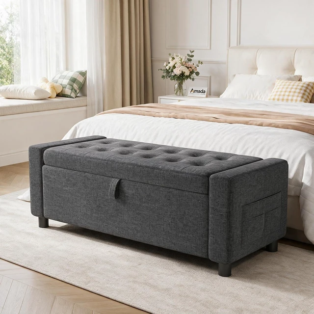 Main image of Amada 46" Storage Ottoman Bench w/Side Pocket & Safety Hinge, Dark Gray