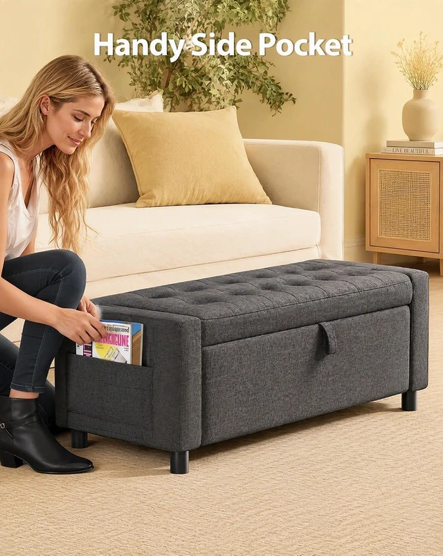 Alt view image 4 of 7 - Amada 46" Storage Ottoman Bench w/Side Pocket & Safety Hinge, Dark Gray