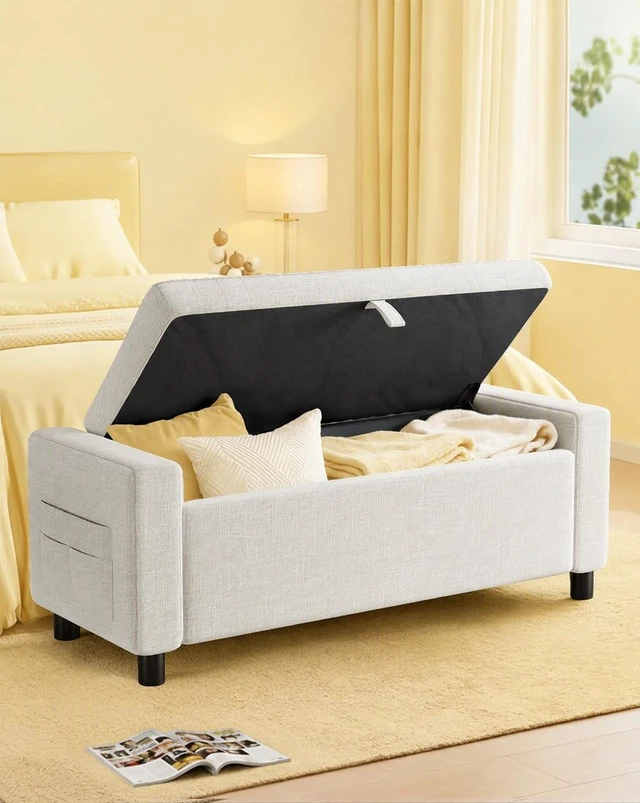 Alt view image 3 of 7 - Amada 46" Storage Ottoman Bench w/Side Pocket & Safety Hinge, White