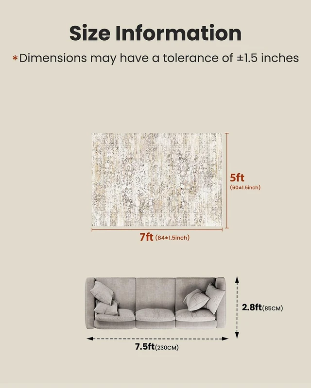 Alt view image 2 of 7 - Amada 5x7 Washable Area Rug for Living Room, Beige, Vintage & Abstract