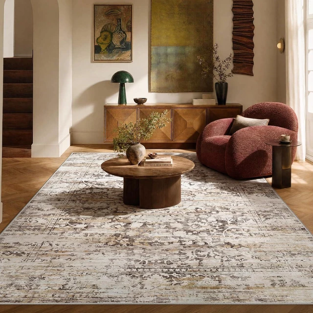Main image of Amada 5x7 Washable Area Rug for Living Room, Beige, Vintage & Abstract