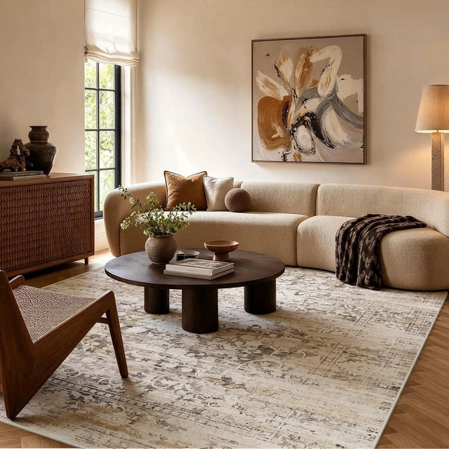 Alt view image 4 of 7 - Amada 5x7 Washable Area Rug for Living Room, Beige, Vintage & Abstract