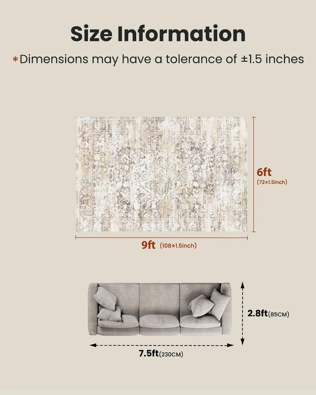 Alt view image 2 of 7 - Amada 6x9 Washable Area Rug for Living Room, Beige, Vintage & Abstract