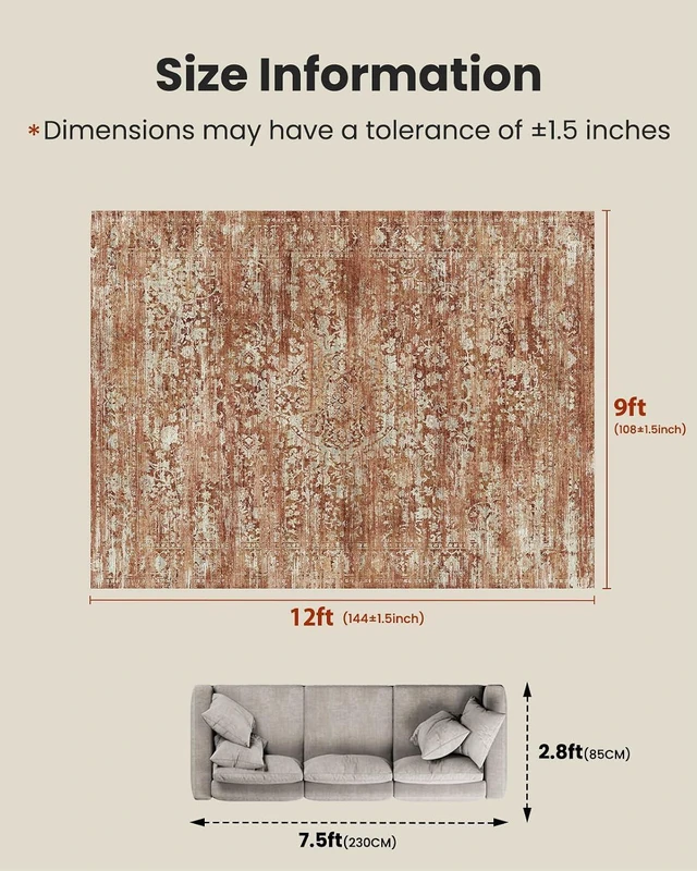 Alt view image 2 of 7 - Amada 9x12 Washable Area Rug for Living Room, Red, Vintage & Abstract