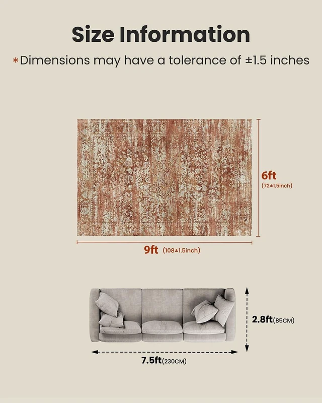 Alt view image 2 of 7 - Amada 6x9 Washable Area Rug for Living Room, Red, Vintage & Abstract
