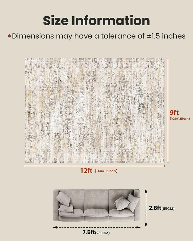Alt view image 2 of 7 - Amada 9x12 Washable Area Rug for Living Room, Beige, Vintage & Abstract