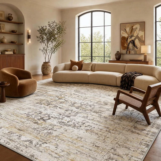 Main image of Amada 9x12 Washable Area Rug for Living Room, Beige, Vintage & Abstract