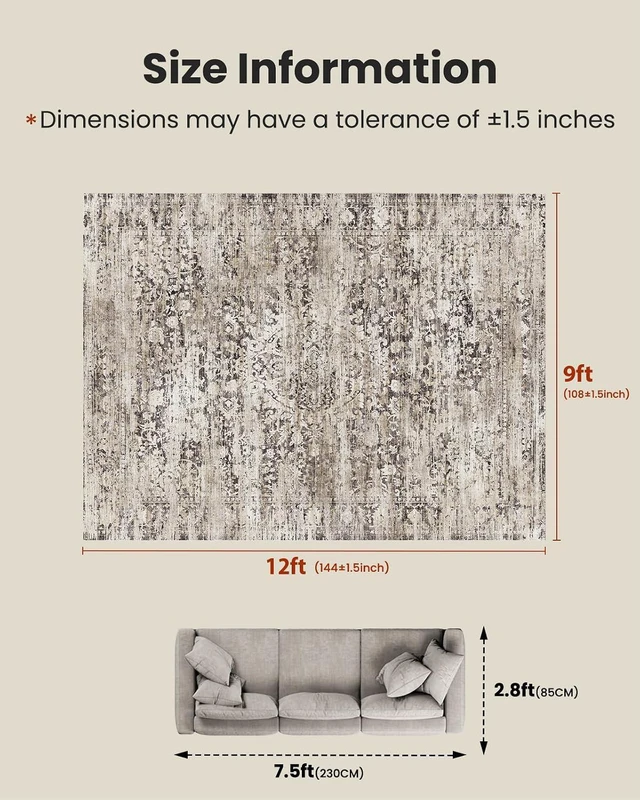Alt view image 2 of 7 - Amada 9x12 Washable Area Rug for Living Room, Brown, Vintage & Abstract