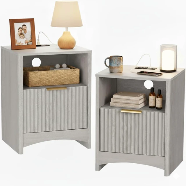 Main image of Pipishell Nightstands Set of 2 with Charging Station, Fluted Bedside Table with Storage & Drawer, Modern End Tables with USB & AC Outlets, Small Wood Night Stand for Bedroom, Light Gray