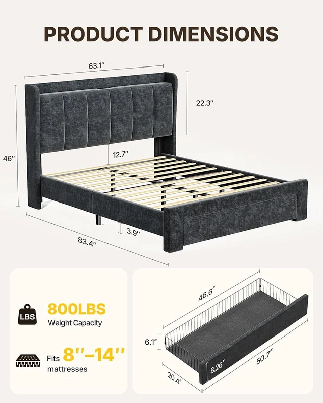 Alt view image 2 of 7 - Amada Heavy-Duty Queen Bed Frame with Oversized Drawer, Charging&LED, Grey