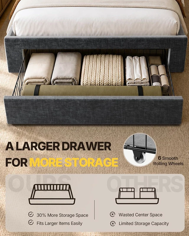 Alt view image 3 of 7 - Amada Heavy-Duty Queen Bed Frame with Oversized Drawer, Charging&LED, Grey