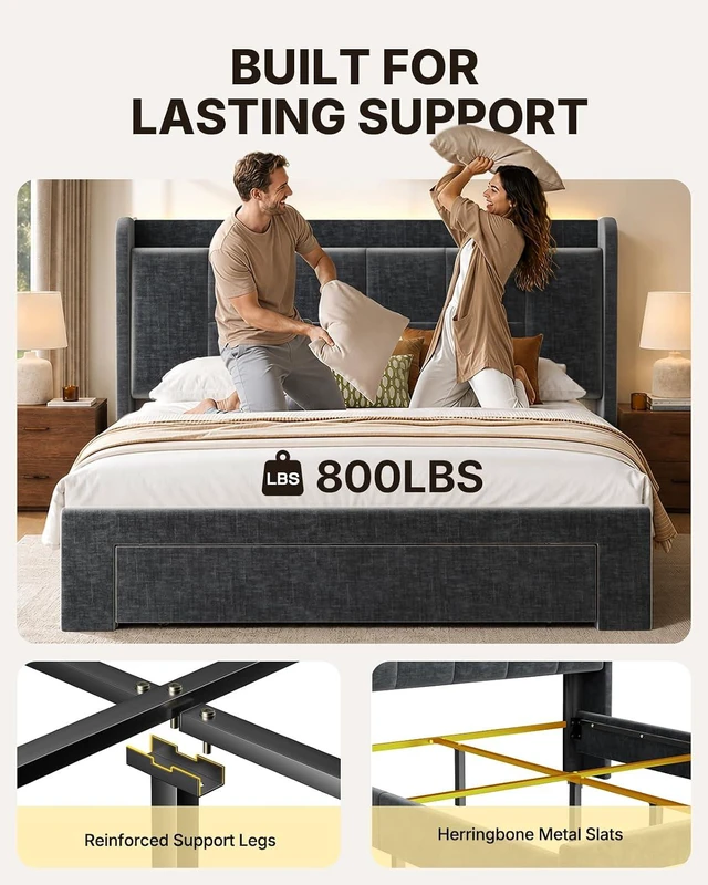 Alt view image 4 of 7 - Amada Heavy-Duty Queen Bed Frame with Oversized Drawer, Charging&LED, Grey