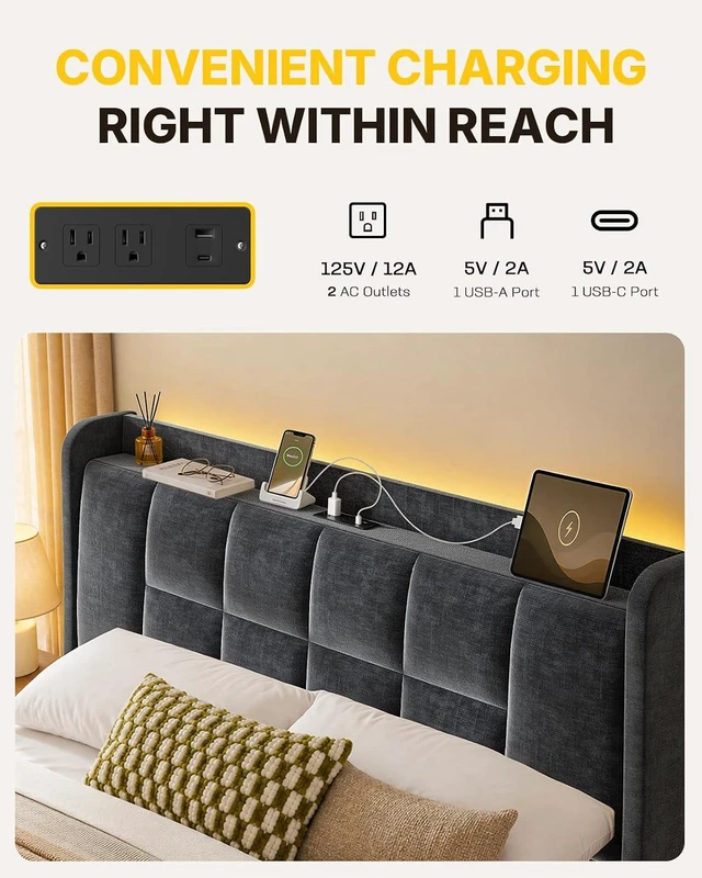 Alt view image 6 of 7 - Amada Heavy-Duty Queen Bed Frame with Oversized Drawer, Charging&LED, Grey
