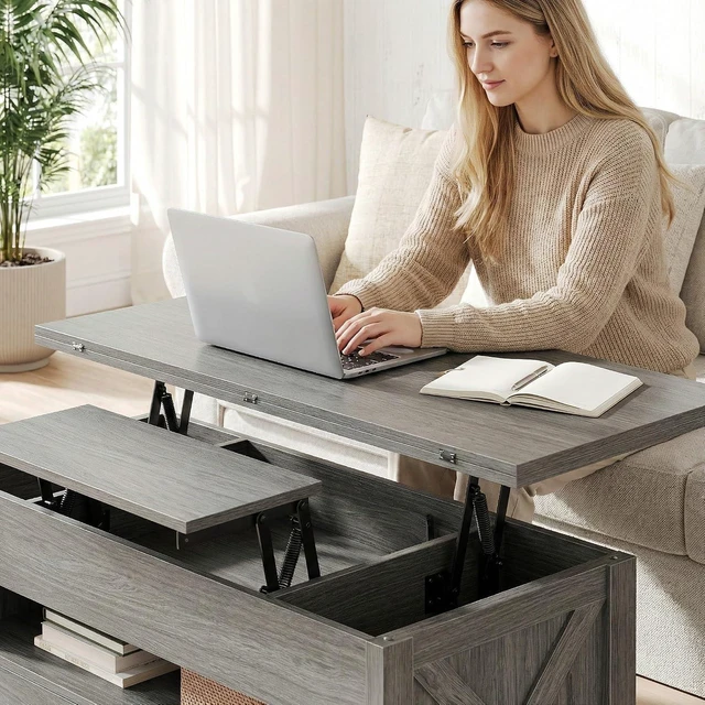 Alt view image 2 of 7 - Amada 39" Lift Top Coffee Table with Drawer, Shelf, Hidden Storage, Grey
