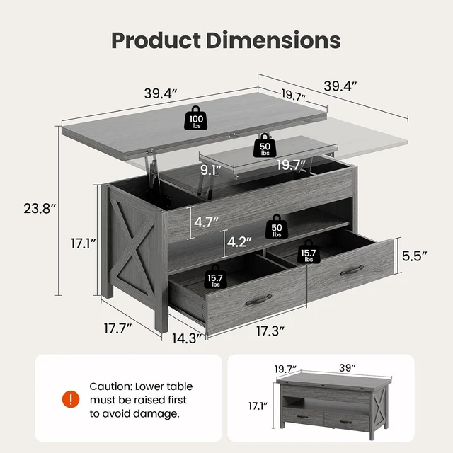 Alt view image 3 of 7 - Amada 39" Lift Top Coffee Table with Drawer, Shelf, Hidden Storage, Grey