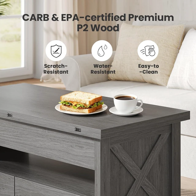 Alt view image 7 of 7 - Amada 39" Lift Top Coffee Table with Drawer, Shelf, Hidden Storage, Grey