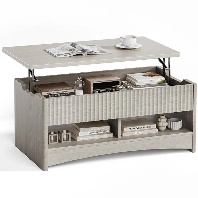 Main image of Pipishell Modern Lift Top Coffee Table with Storage, Fluted Design, Hidden Compartment & Open Shelf, Hydraulic Lift Tabletop, Center Table for Living Room, Grey
