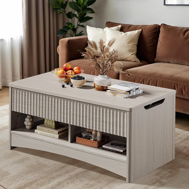 Alt view image 2 of 7 - Pipishell Modern Lift Top Coffee Table with Storage, Fluted Design, Hidden Compartment & Open Shelf, Hydraulic Lift Tabletop, Center Table for Living Room, Grey