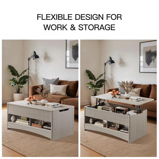 Alt view image 4 of 7 - Pipishell Modern Lift Top Coffee Table with Storage, Fluted Design, Hidden Compartment & Open Shelf, Hydraulic Lift Tabletop, Center Table for Living Room, Grey