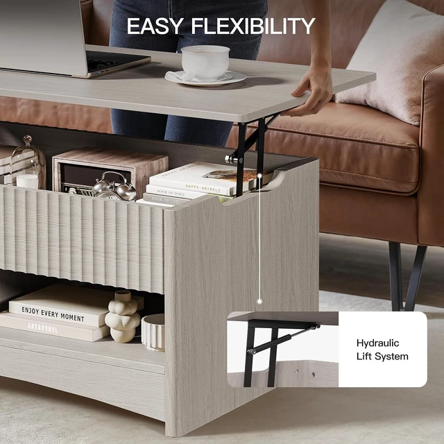 Alt view image 7 of 7 - Pipishell Modern Lift Top Coffee Table with Storage, Fluted Design, Hidden Compartment & Open Shelf, Hydraulic Lift Tabletop, Center Table for Living Room, Grey