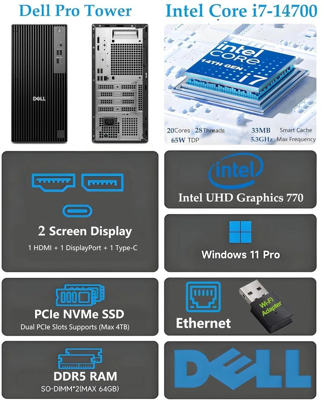 Alt view image 2 of 7 - Pro Tower Desktop Computers, 20-Core i7-14700, 16GB RAM, 1TB SSD