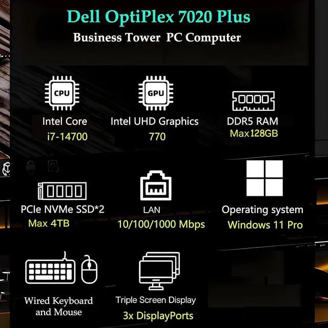 Alt view image 2 of 7 - OptiPlex 7020 Plus 7000 Tower Business Desktop Computer, 14th Gen 20-Core i7-14700 up to 5.4GHz, 64GB DDR5 RAM, 4TB PCIe SSD, DVDRW, WiFi, RJ-45, 3 DisplayPorts, Windows 11 Pro