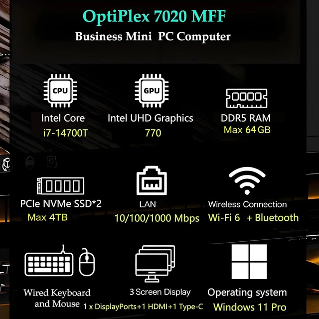 Alt view image 2 of 7 - OptiPlex 7020 MFF 7000 Micro Form Factor Mini Business Desktop Computer, 14th Gen 20-Core i7-14700T up to 5.2GHz, 64GB DDR5 RAM, 1TB PCIe SSD, WiFi 6, DisplayPort, HDMI, Windows 11 Pro