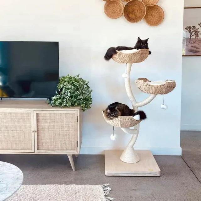 Alt view image 2 of 4 - Natural Wood Cat Tree Halloween Wood Scratching Tower Bed Hammock Large Size Cats Perfect Toy Climbing Cat Tree Basket