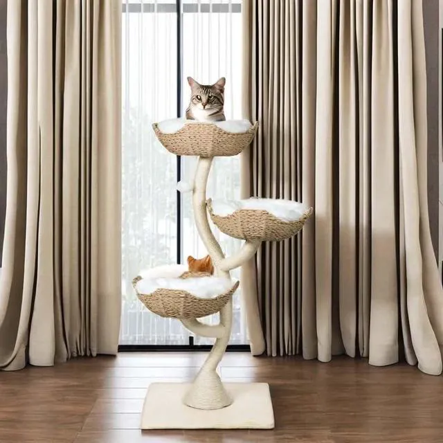 Alt view image 3 of 4 - Natural Wood Cat Tree Halloween Wood Scratching Tower Bed Hammock Large Size Cats Perfect Toy Climbing Cat Tree Basket