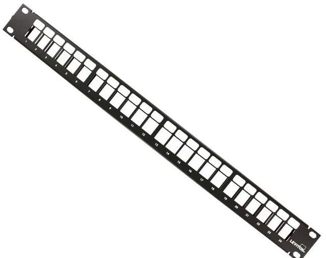 Main image of Leviton 49255-H24 QuickPort Patch Panel, 24-Port, 1RU, Cable Management Bar Included , Black, Metal, Electrical Outlet