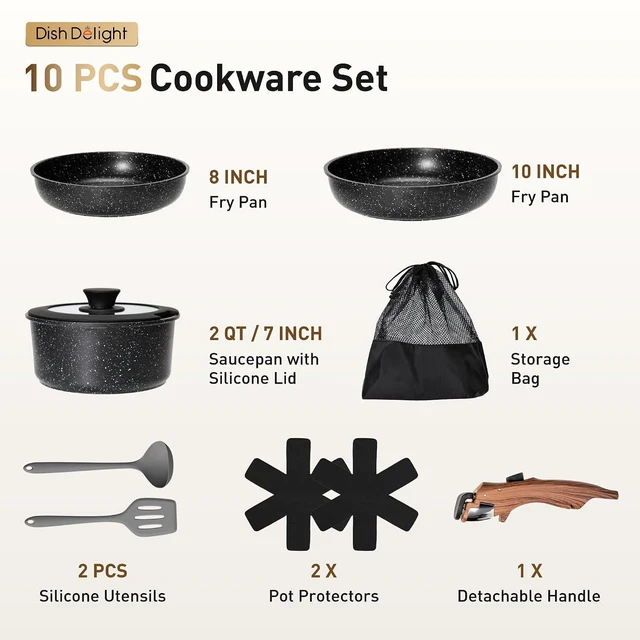 Alt view image 2 of 7 - DishDelight Removable Handle Pots and Pans, 10 Piece Cookware Set Non Stick