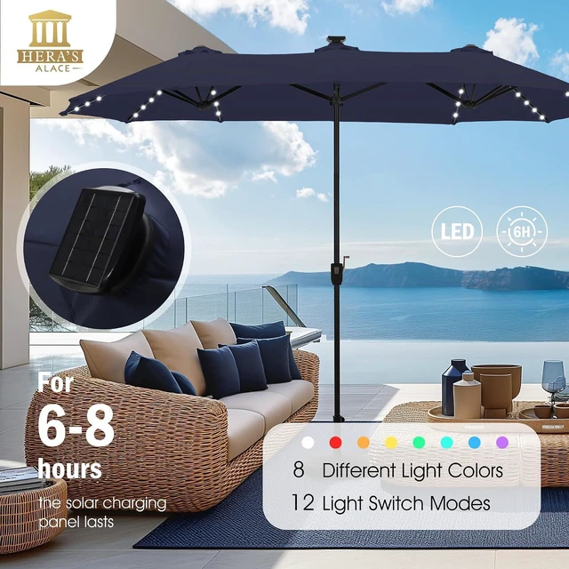 Alt view image 3 of 7 - 13 ft Patio Umbrella with 120 LED Solar Lights Outdoor Umbrella, Navy Blue