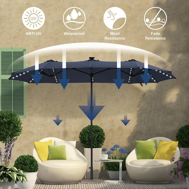 Alt view image 5 of 7 - 13 ft Patio Umbrella with 120 LED Solar Lights Outdoor Umbrella, Navy Blue