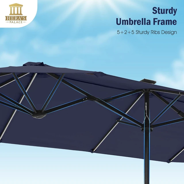 Alt view image 6 of 7 - 13 ft Patio Umbrella with 120 LED Solar Lights Outdoor Umbrella, Navy Blue