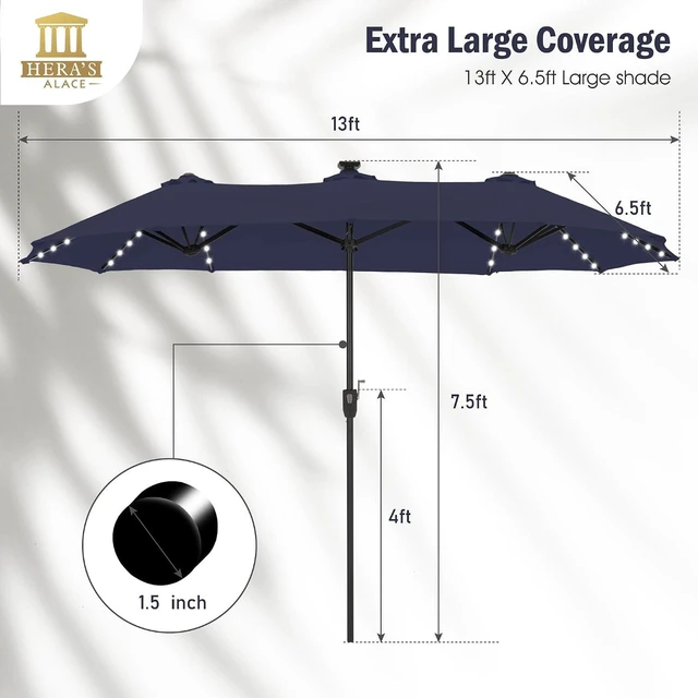 Alt view image 7 of 7 - 13 ft Patio Umbrella with 120 LED Solar Lights Outdoor Umbrella, Navy Blue