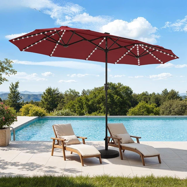 Alt view image 2 of 7 - 13 ft Patio Umbrella with 120 LED Solar Lights Outdoor Umbrella, Red