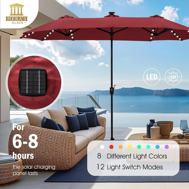 Alt view image 3 of 7 - 13 ft Patio Umbrella with 120 LED Solar Lights Outdoor Umbrella, Red