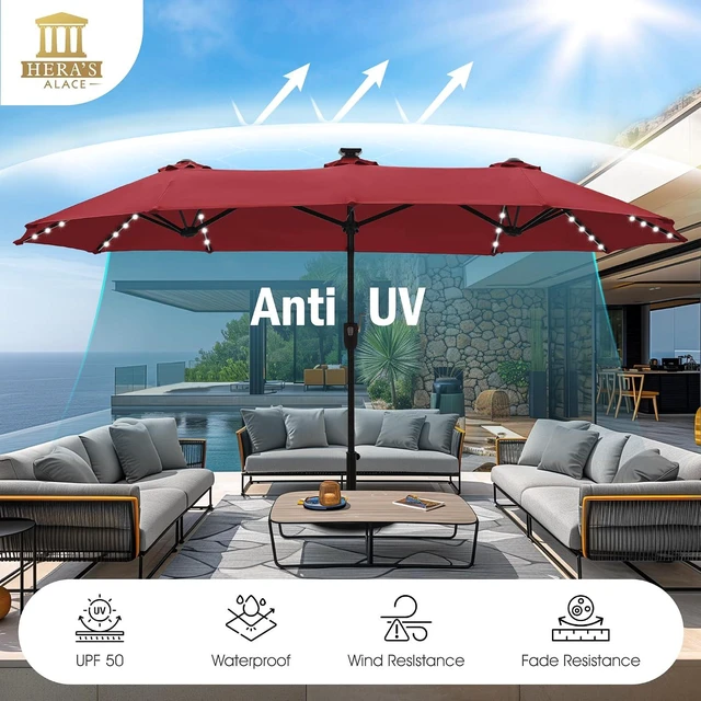 Alt view image 6 of 7 - 13 ft Patio Umbrella with 120 LED Solar Lights Outdoor Umbrella, Red