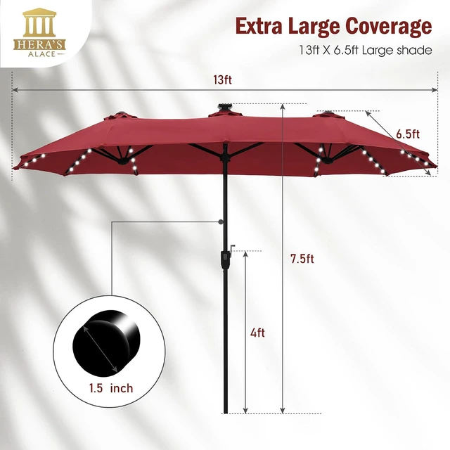 Alt view image 7 of 7 - 13 ft Patio Umbrella with 120 LED Solar Lights Outdoor Umbrella, Red