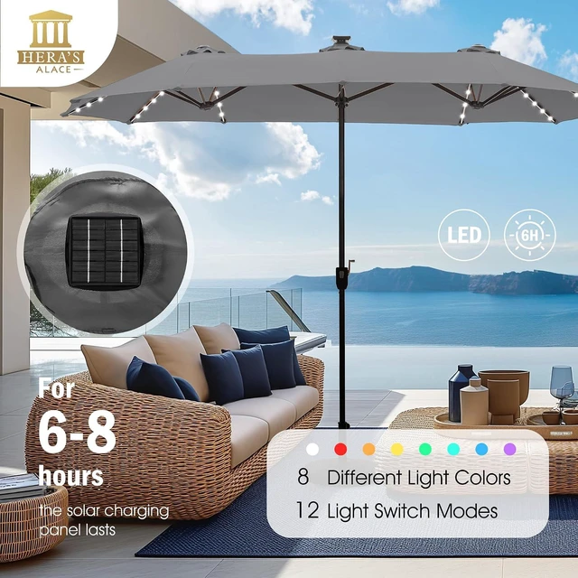 Alt view image 2 of 7 - 13 ft Patio Umbrella with 120 LED Solar Lights Outdoor Umbrella, Gray