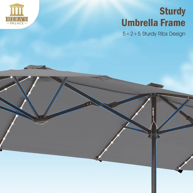 Alt view image 4 of 7 - 13 ft Patio Umbrella with 120 LED Solar Lights Outdoor Umbrella, Gray