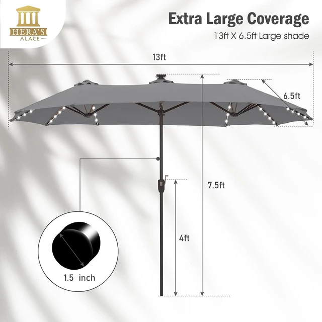 Alt view image 5 of 7 - 13 ft Patio Umbrella with 120 LED Solar Lights Outdoor Umbrella, Gray