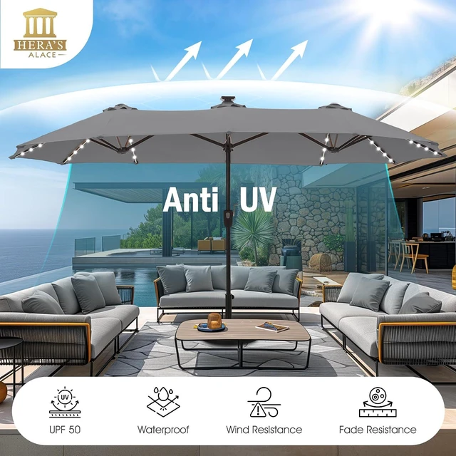 Alt view image 6 of 7 - 13 ft Patio Umbrella with 120 LED Solar Lights Outdoor Umbrella, Gray