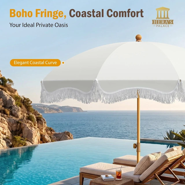 Alt view image 2 of 7 - 7ft Beach Umbrella with Sand Anchor, Fringe Umbrella for Pool, White