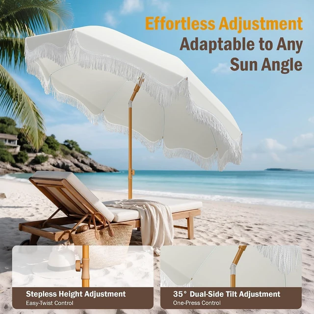 Alt view image 4 of 7 - 7ft Beach Umbrella with Sand Anchor, Fringe Umbrella for Pool, White
