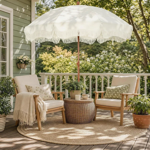 Main image of 7ft Beach Umbrella with Sand Anchor, Fringe Umbrella for Pool, White